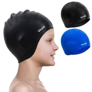 2 Pack Kids Swim Caps for Boys Girls, Durable Silicone Swimming Cap with 3D Ear Pockets for Age 3-15 Toddler Child Youth Teen, Unisex Swim Bath Hats for Short/Long Hair with Ear Plugs Nose Clip