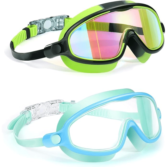 2-Pack Kids Swim Goggles - Anti-Fog UV Protection Wide View Swimming Goggles for Kids Ages 3-14