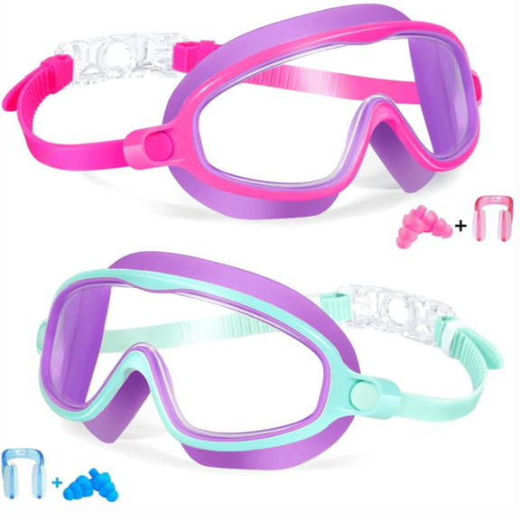 2 Pack Kids Swim Goggles for Ages 3-14, Anti-Fog UV Protection Wide Clear View Swimming Goggles for Boys & Girls-Pink Purple & Green Purple