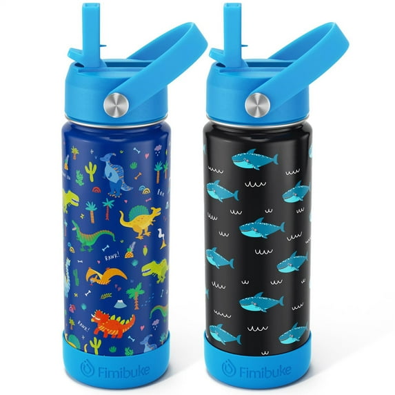 2 Pack Kids Water Bottle with Straw | 18/8 Stainless Steel Vacuum Insulated Water Bottle for School Boys Girls | 18oz, BPA FREE (Dinosaur+Shark)