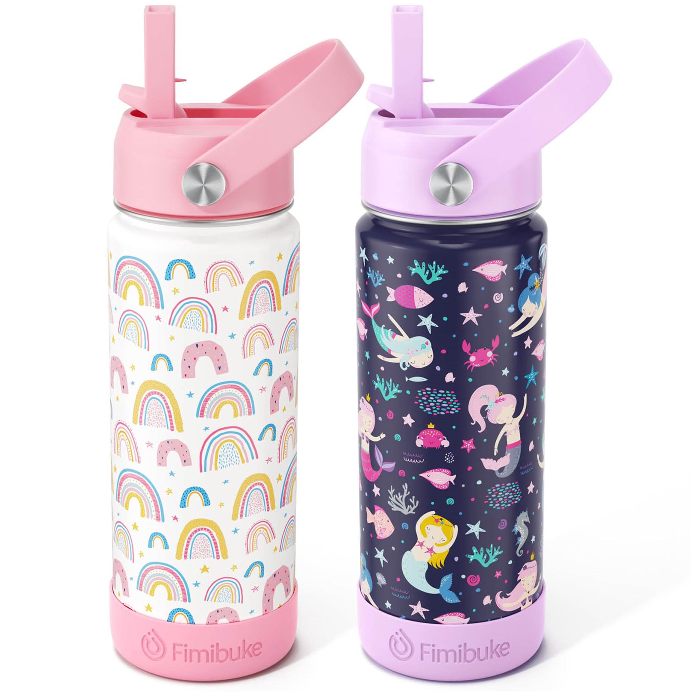 2 Pack Kids Water Bottle with Straw | 18/8 Stainless Steel Vacuum Insulated Water Bottle for School Boys Girls | 18oz, BPA FREE (Rainbow+Mermaid)