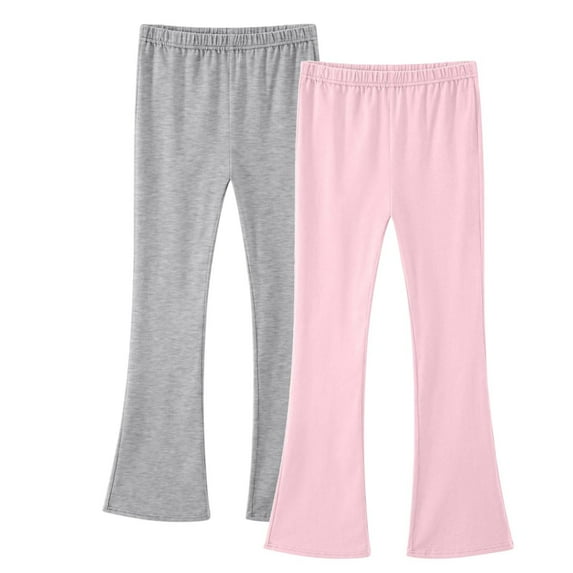 2 Pack Kids Yoga Pants Cotton Elastic Waist Solid Color Flared Trousers Casual Comfy Stretch Sporty Wear (12 Years, Gray,Pink)
