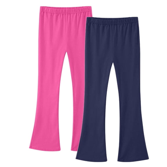 2 Pack Kids Yoga Pants Cotton Elastic Waist Solid Color Flared Trousers Casual Comfy Stretch Sporty Wear (12 Years, Hot Pink,Navy)
