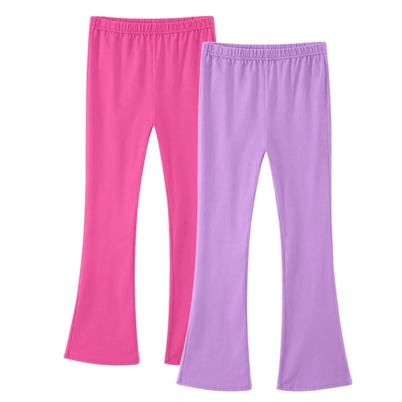 2 Pack Kids Yoga Pants Cotton Elastic Waist Solid Color Flared Trousers Casual Comfy Stretch Sporty Wear (7 Years, Hot Pink,Purple)