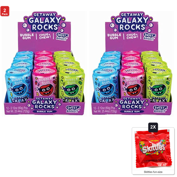 2 Pack | Kidsmania Getaway Galaxy Rocks Bubble Gum Candy Cans, 12 Count Box, with 2 Skittles Fun Size