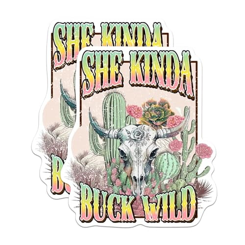 (2 Pack) She Kinda Buck Wild Southwestern Chic Stickers - Skull Desert Vibes - Cowgirl - 5 Inches On Longest Side - Premium Vinyl - for Cars, Trucks, Skateboards, Laptops - Made in USA - BMCS0512