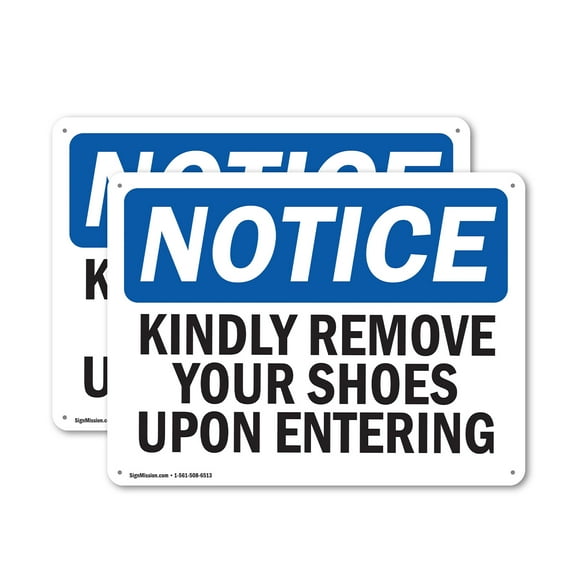 (2 Pack) Kindly Remove Your Shoes Upon Entering OSHA Notice Sign 10 Inch X 7 Inch Plastic Sign, Weather Resistant, UV Protected for Workplace, Business, and Construction Site, Made in