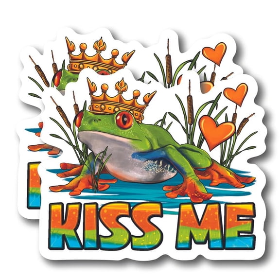 (2 Pack) Kiss Me Frog Into a Prince Stickers - Funny Prince Charming Stickers 5" On Longest Side - for Car, Truck, SUV - Easy Peel and Stick Vinyl Decals - Made in USA - BMCS0111