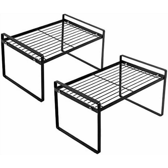2 Pack Kitchen Cabinet Shelf Counter Organizer Rack Pantry Storage Bathroom Bedroom Office Table Desk Space Saving Steel Frame Stackable Rust Resistant Non Slip Black