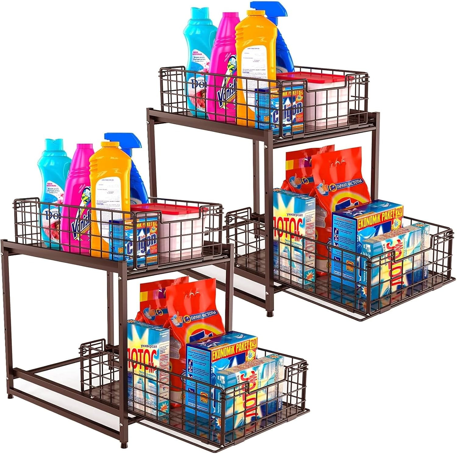 2 Pack Under Kitchen Cabinet Sink Organizer and Storage with Sliding Drawer, Extra Wide 2 Tier Stackable Basket Rack for Kitchen & Bathroom with Larger Capacity Heavy Duty, Bronze