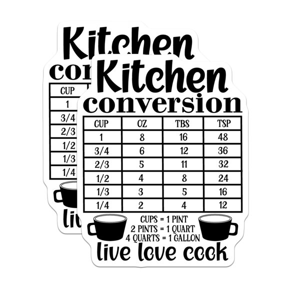 (2 Pack) Kitchen Conversion Chart Magnets - Baking Measurement Guide - Cooking Fridge Helper - Live Love Cook Decor - 5 Inches On Longest Side - Thick Durable Magnet - Made in USA