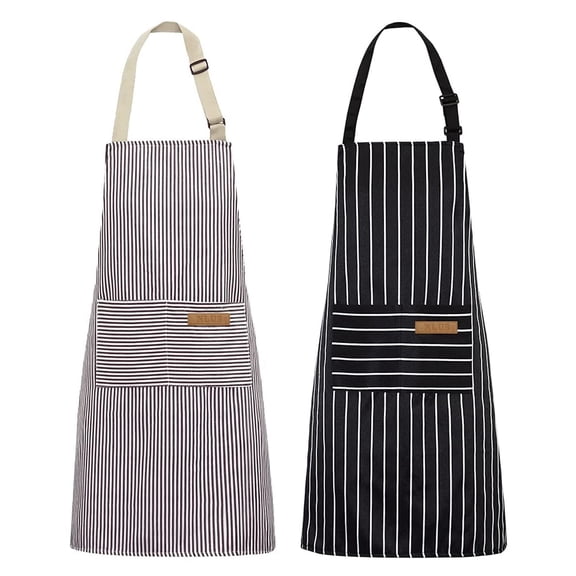 2-Pack Kitchen Cooking Aprons, Adjustable Soft Chef Aprons With 2 Pockets, Unisex (Black/Brown Stripes)