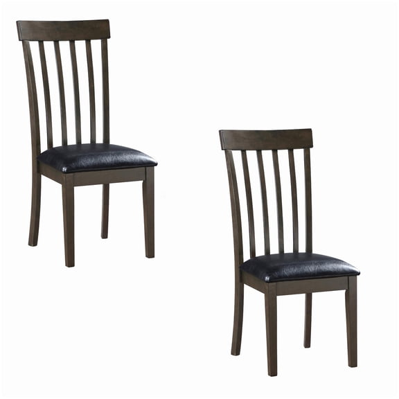 2 Pack Kitchen Dining Chairs with Padded Seat, Rustic Brown Wood and Black Faux Leather, Slatted Back Restaurant Style Chairs
