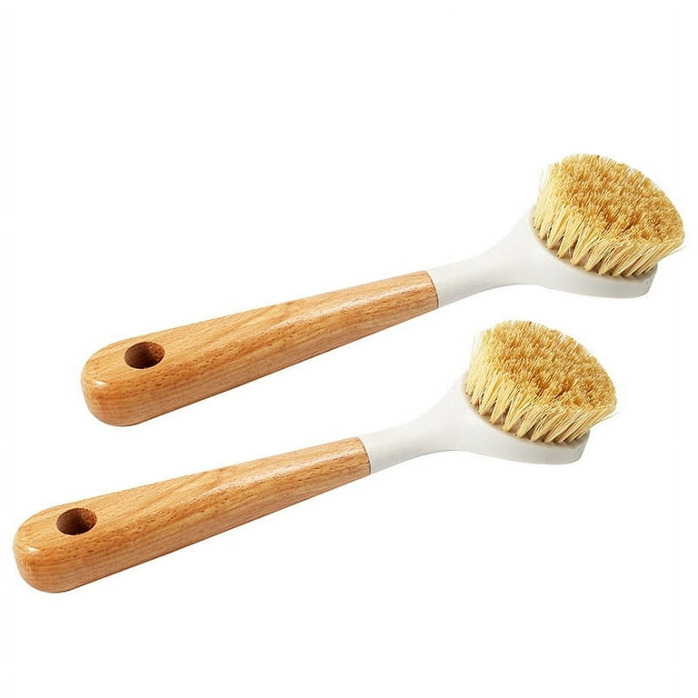 2 Pack Kitchen Dish Brush Bamboo Handle Dish Scrubber Built-in Scraper, Scrub Brush for Pans, Pots, Kitchen Sink Cleaning, Dishwashing and Cleaning