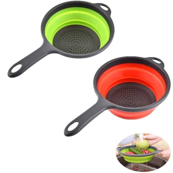 2 Pack Kitchen Foldable Silicone Strainer , Collapsible with Handles, Space-Saver Folding Strainer , (Green and Red)
