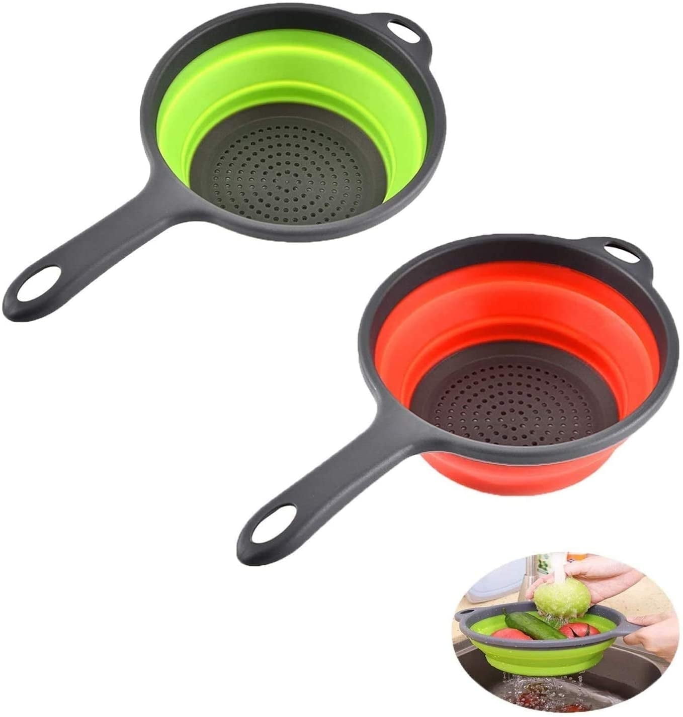 Green and Red Foldable Silicone Strainer Colanders with Handles
