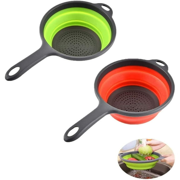 2 Pack Kitchen Foldable Silicone Strainer Colanders, Collapsible Colanders with Handles, Space-Saver Folding Strainer Colander for Draining Pasta, Vegetable (Green and Red)small