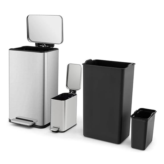 2 Pack Kitchen Garbage Can, 10.5 Gal & 1.6 Gal Stainless Steel Trash Can Combo with Step-on Pedal, Removable Inner Bucket & Stay-Open Lids, Portable Waste Bins for Bathroom & Office