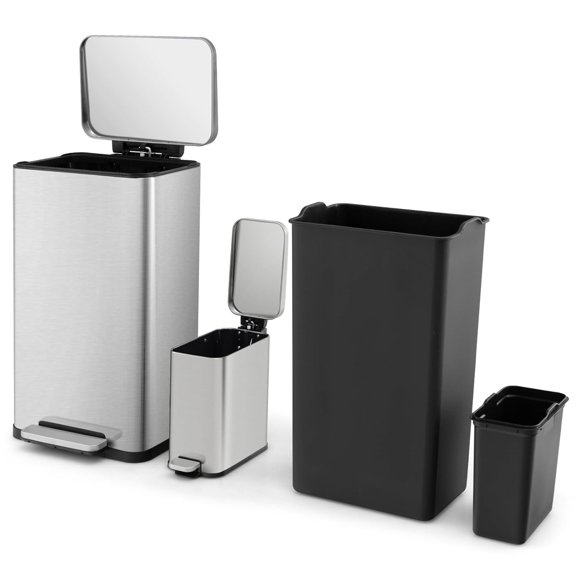 2 Pack Kitchen Garbage Can, 10.5 Gal & 1.6 Gal Stainless Steel Trash Can Combo with Step-on Pedal, Removable Inner Bucket & Stay-Open Lids, Portable Waste Bins for Bathroom & Office