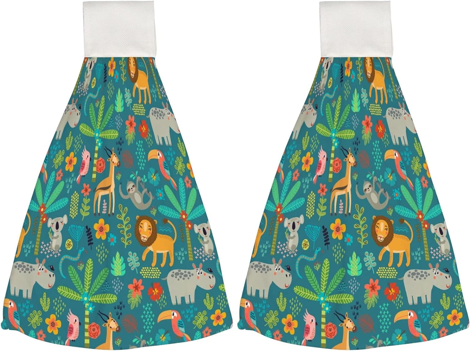2 Pack Kitchen Hanging Towels,Jungle Animals Absorbent Hand Towels with Hanging Loop Washcloth