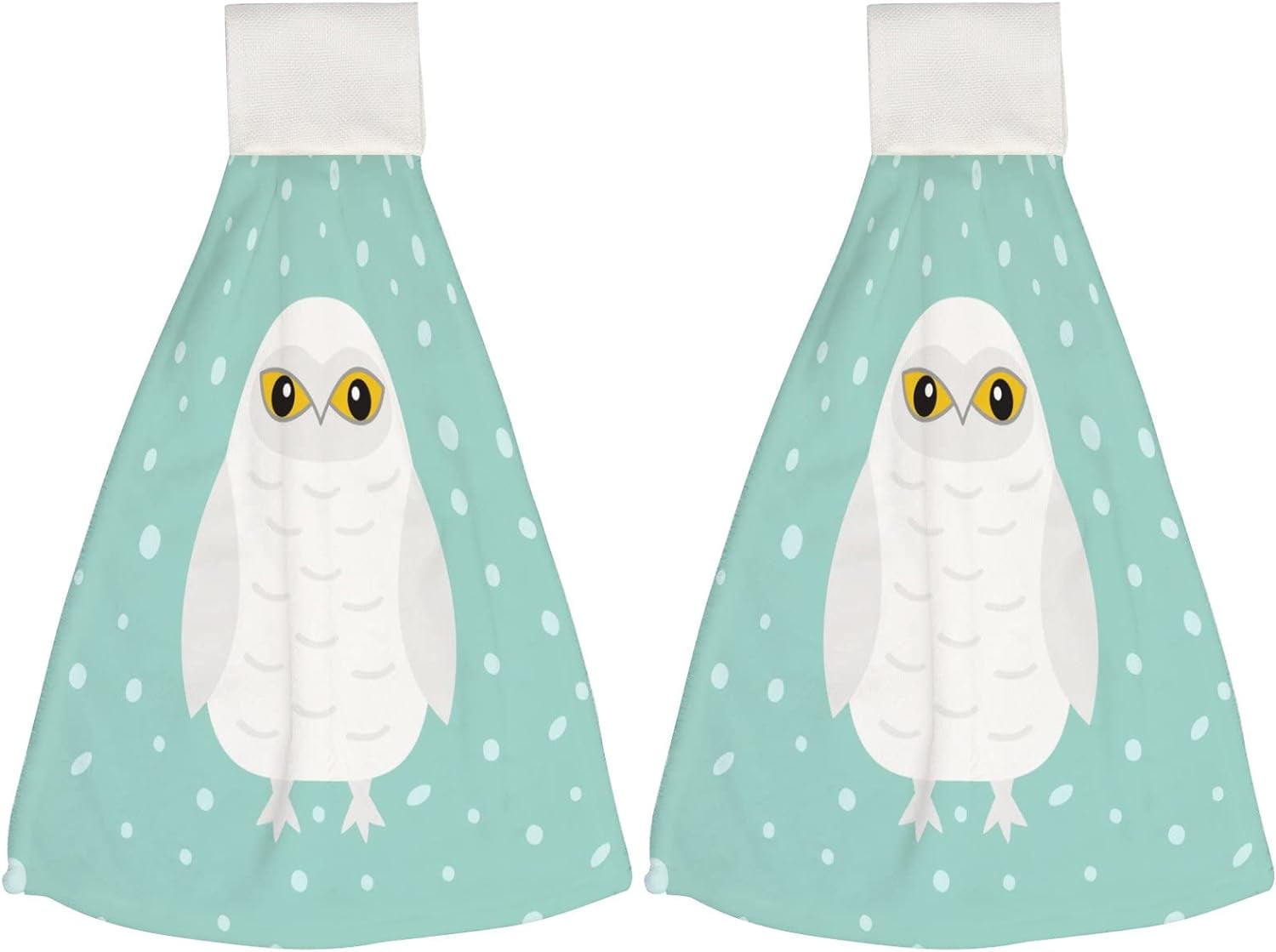2 Pack Kitchen Hanging Towels,White Snow Owl Absorbent Hand Towels with Hanging Loop Washcloth