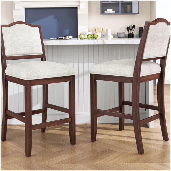 2 Pack Kitchen Island Stools with Backs - Ergonomic Counter Height Bar Stools, Cherry Rustic Finish, Rubber Wood, Upholstered Seat