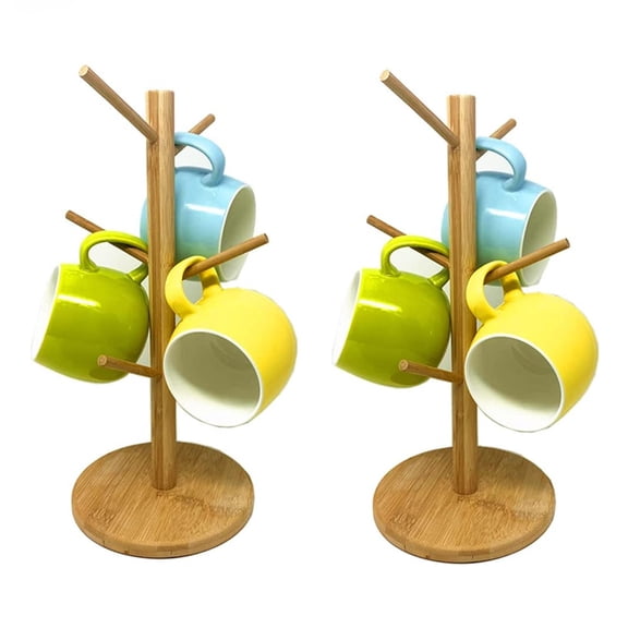 2 Pack Kitchen Mug Tree Holder for Coffee Cup, Tea Cups, Bamboo Drying Rack Stand Storage Organizer