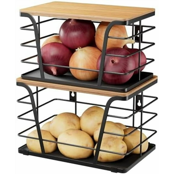 2 Pack Kitchen Organizers and Storage - Stackable Potato and Onion Storage Bin,Kitchen Cabinet Organizer with Lightweight PP Mat and Bamboo Top,Onion Basket for Kitchen Counter Organizers,Black