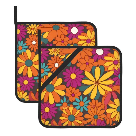 2 Pack Kitchen Pot Holders Heat Resistant Oven Hot Pads With Hand Pockets And Hanging Loops For Baking Cooking 8x8in Colorful Floral Pattern Groovy Flowers (2) (1)