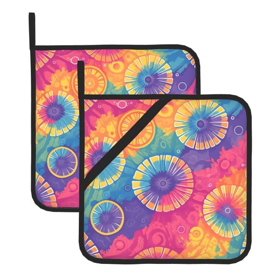2 Pack Kitchen Pot Holders Heat Resistant Oven Hot Pads With Hand Pockets And Hanging Loops For Baking Cooking 8x8in Darkorchid Tie Dye Background Rainbow Colors Tie-Dye Pattern