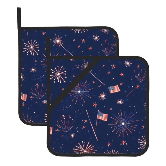 2 Pack Kitchen Pot Holders Heat Resistant Oven Hot Pads With Hand Pockets And Hanging Loops For Baking Cooking 8x8in Independence Day Fireworks And National Flag