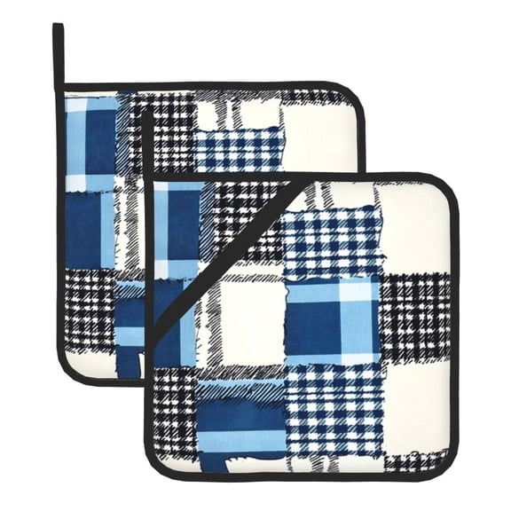 2 Pack Kitchen Pot Holders Heat Resistant Oven Hot Pads With Hand Pockets And Hanging Loops For Baking Cooking 8x8in Mediumblue Houndstooth Buffalo Plaid Tartan Check Scotland Hand-Drawn Sketch_2