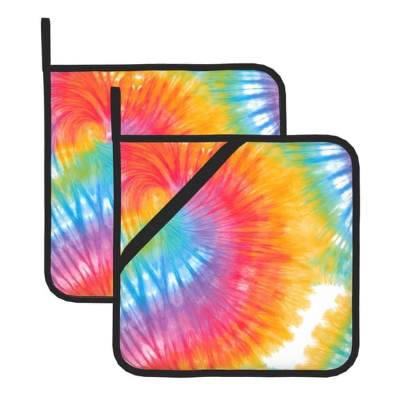 2 Pack Kitchen Pot Holders Heat Resistant Oven Hot Pads With Hand Pockets And Hanging Loops For Baking Cooking 8x8in Red Tie Dye Background Rainbow Colors