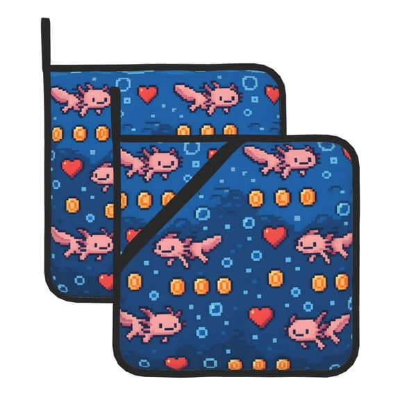 2 Pack Kitchen Pot Holders Heat Resistant Oven Hot Pads With Hand Pockets And Hanging Loops For Baking Cooking 8x8in Retro Pixel Axolotls - 8-Bit Nostalgia