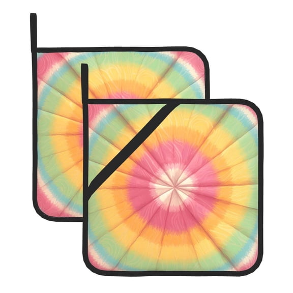 2 Pack Kitchen Pot Holders Heat Resistant Oven Hot Pads With Hand Pockets And Hanging Loops For Baking Cooking 8x8in Tie-Dye Pattern Bright Colors (2)