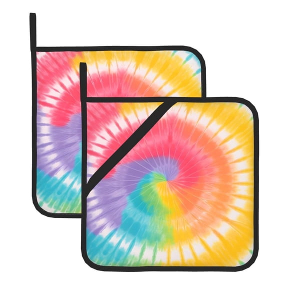 2 Pack Kitchen Pot Holders Heat Resistant Oven Hot Pads With Hand Pockets And Hanging Loops For Baking Cooking 8x8in Tie-Dye Pattern Rainbow Colors (2)
