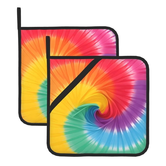 2 Pack Kitchen Pot Holders Heat Resistant Oven Hot Pads With Hand Pockets And Hanging Loops For Baking Cooking 8x8in Tie-Dye Pattern Rainbow Colors (3)