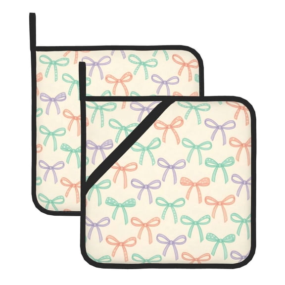 2 Pack Kitchen Pot Holders Heat Resistant Oven Hot Pads With Hand Pockets And Hanging Loops For Baking Cooking 8x8in Whimsical Thin Polka Dot And Striped Ribbon Bow Pattern