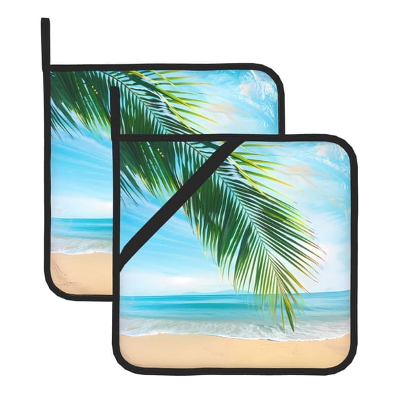 2 Pack Kitchen Pot Holders Heat Resistant Oven Hot Pads With Hand Pockets And Hanging Loops For Baking Cooking 8x8in Beach Palm Leaf (1) (1)