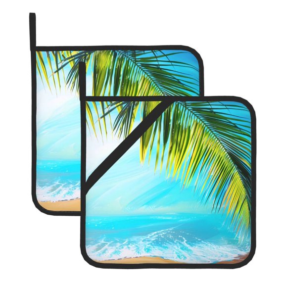 2 Pack Kitchen Pot Holders Heat Resistant Oven Hot Pads With Hand Pockets And Hanging Loops For Baking Cooking 8x8in Beach Palm Leaf (2) (1)