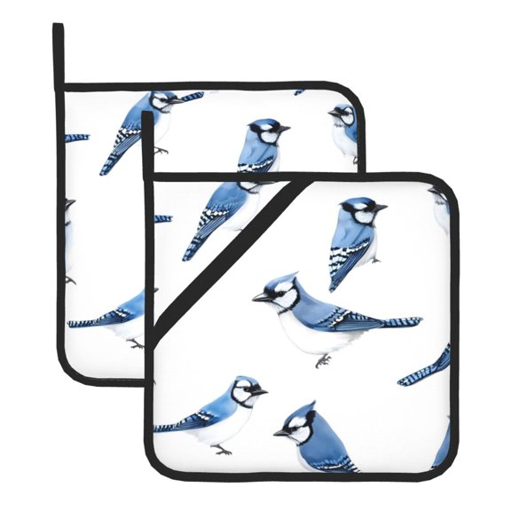 2 Pack Kitchen Pot Holders Heat Resistant Oven Hot Pads With Hand Pockets And Hanging Loops For Baking Cooking 8x8in Blue-And-White Bird