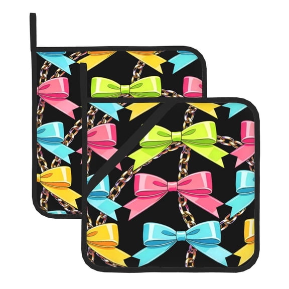 2 Pack Kitchen Pot Holders Heat Resistant Oven Hot Pads With Hand Pockets And Hanging Loops For Baking Cooking 8x8in Colorful Bow Chain
