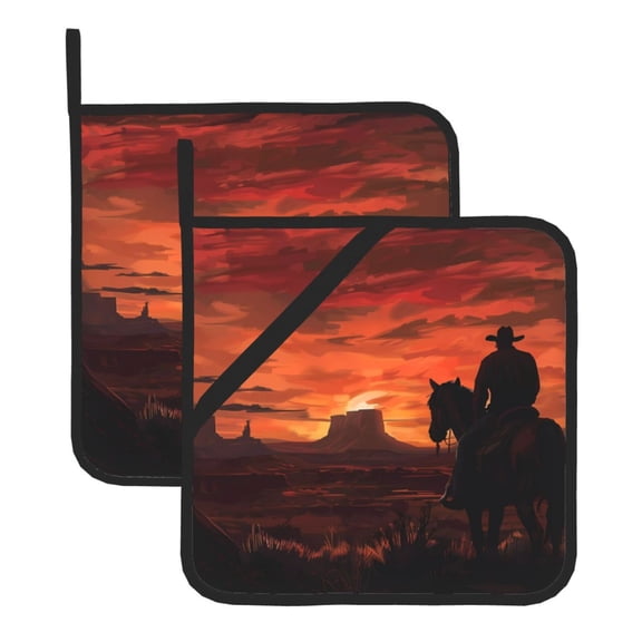 2 Pack Kitchen Pot Holders Heat Resistant Oven Hot Pads With Hand Pockets And Hanging Loops For Baking Cooking 8x8in Cowboy Western Desert (1) (1)