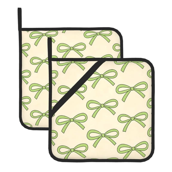 2 Pack Kitchen Pot Holders Heat Resistant Oven Hot Pads With Hand Pockets And Hanging Loops For Baking Cooking 8x8in Green Bows