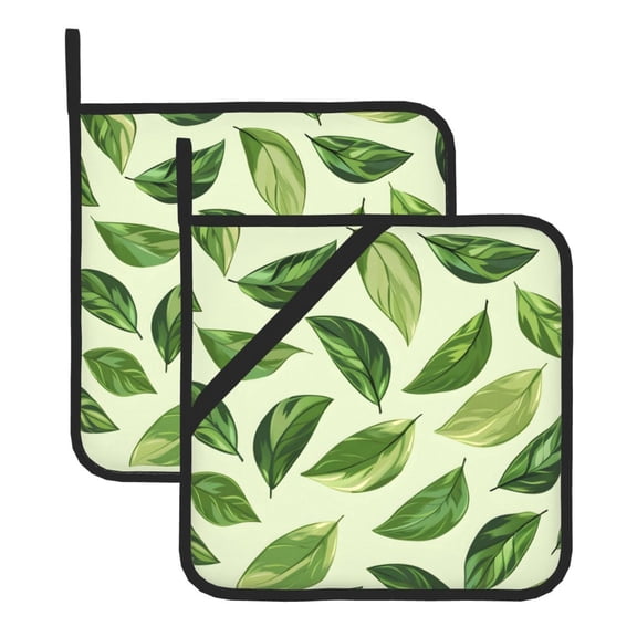 2 Pack Kitchen Pot Holders Heat Resistant Oven Hot Pads With Hand Pockets And Hanging Loops For Baking Cooking 8x8in Green Leaf (2)