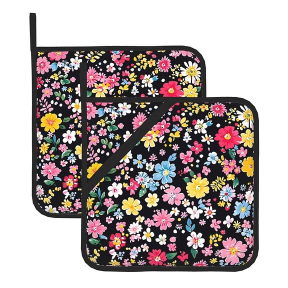 2 Pack Kitchen Pot Holders Heat Resistant Oven Hot Pads With Hand Pockets And Hanging Loops For Baking Cooking 8x8in Groovy Flowers (9)