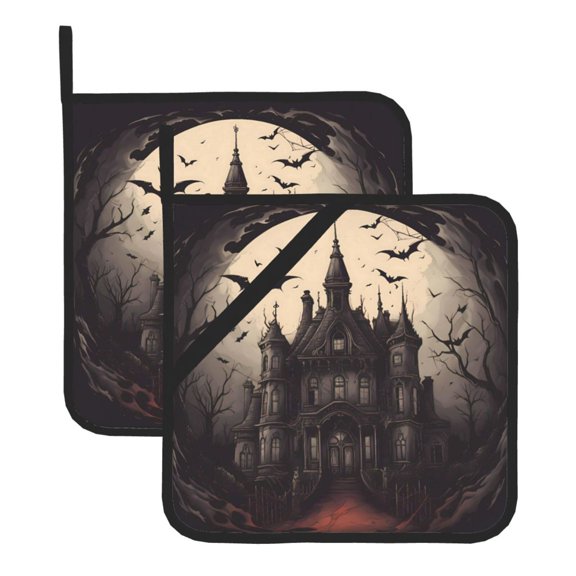 2 Pack Kitchen Pot Holders Heat Resistant Oven Hot Pads With Hand Pockets And Hanging Loops For Baking Cooking 8x8in Halloween Castle Bat