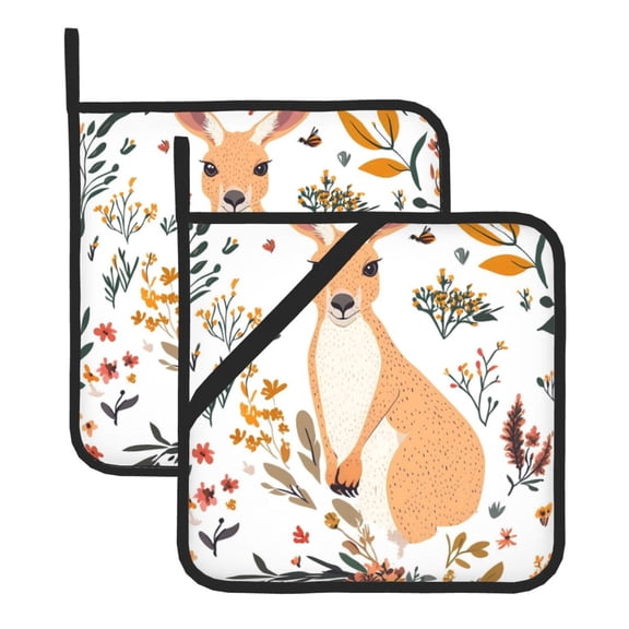 2 Pack Kitchen Pot Holders Heat Resistant Oven Hot Pads With Hand Pockets And Hanging Loops For Baking Cooking 8x8in Kangaroo And Flower