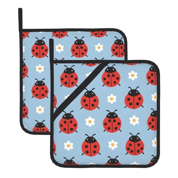 2 Pack Kitchen Pot Holders Heat Resistant Oven Hot Pads With Hand Pockets And Hanging Loops For Baking Cooking 8x8in Ladybug And Daisy