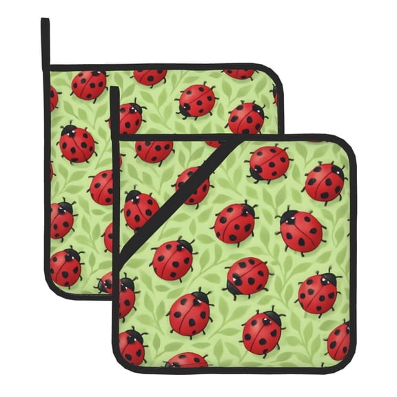 2 Pack Kitchen Pot Holders Heat Resistant Oven Hot Pads With Hand Pockets And Hanging Loops For Baking Cooking 8x8in Ladybug Leaf